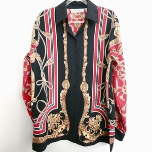 Vintage Chaus Black Red Gold Bridlec& Tassel Print Blouse Top Women Size 6